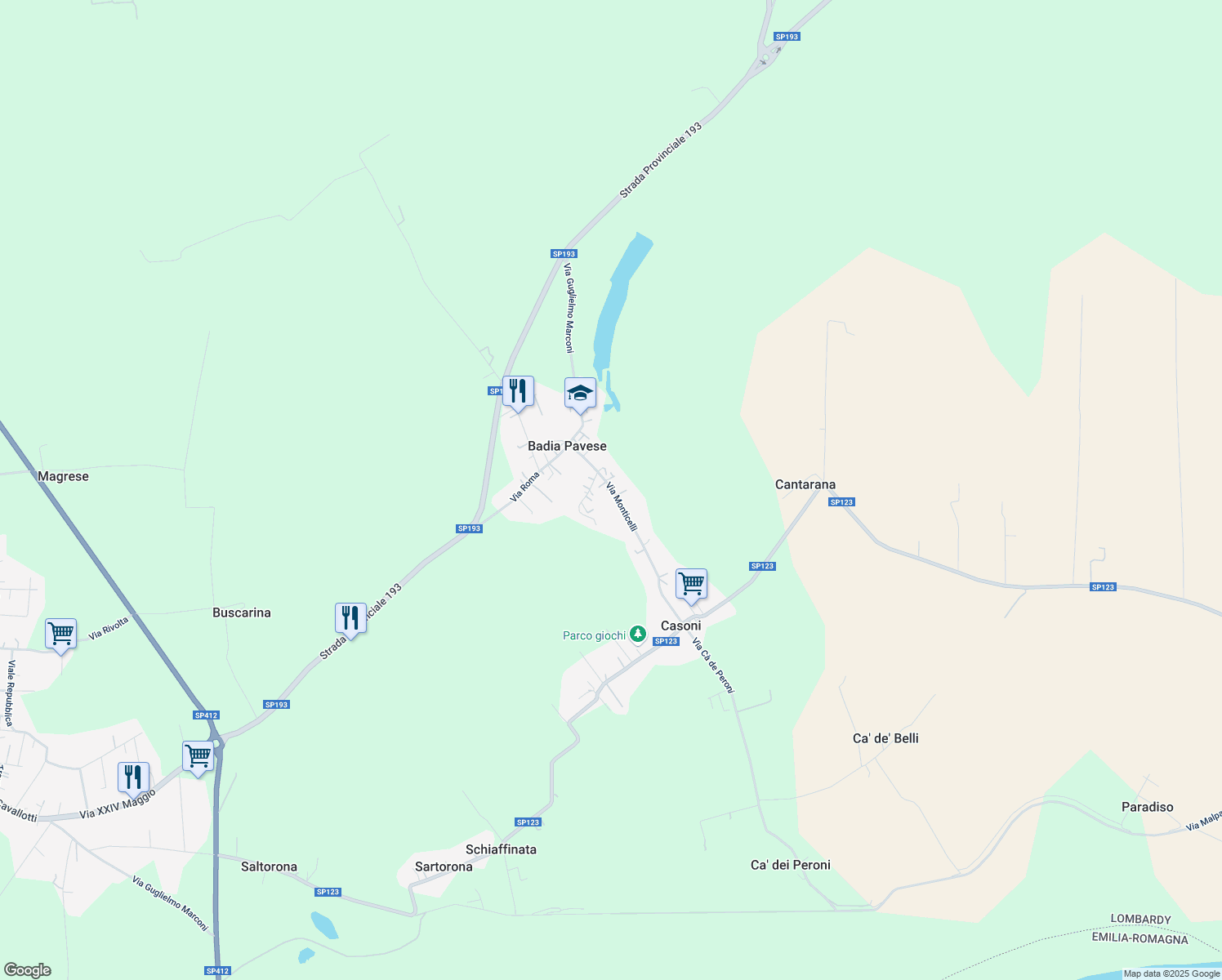 map of restaurants, bars, coffee shops, grocery stores, and more near 14 Via Monticelli in Badia Pavese