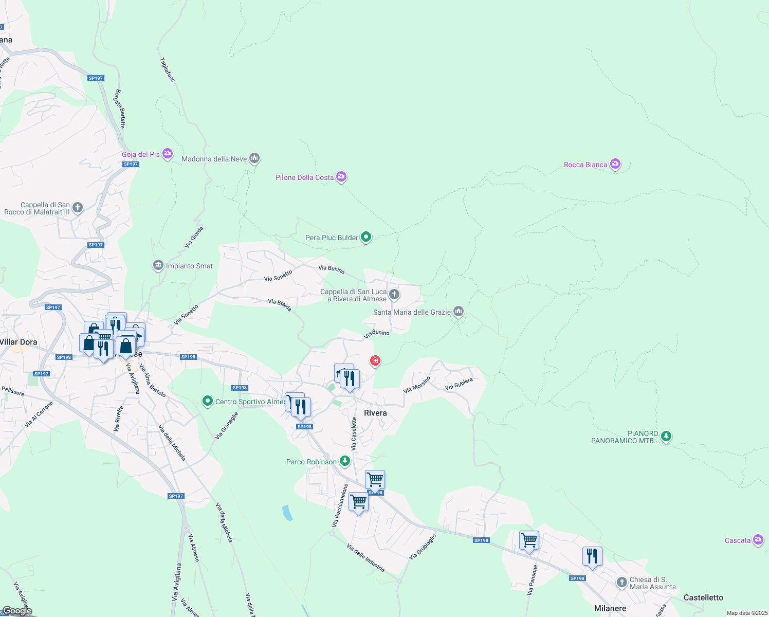 map of restaurants, bars, coffee shops, grocery stores, and more near 44 Via Bunino in Almese
