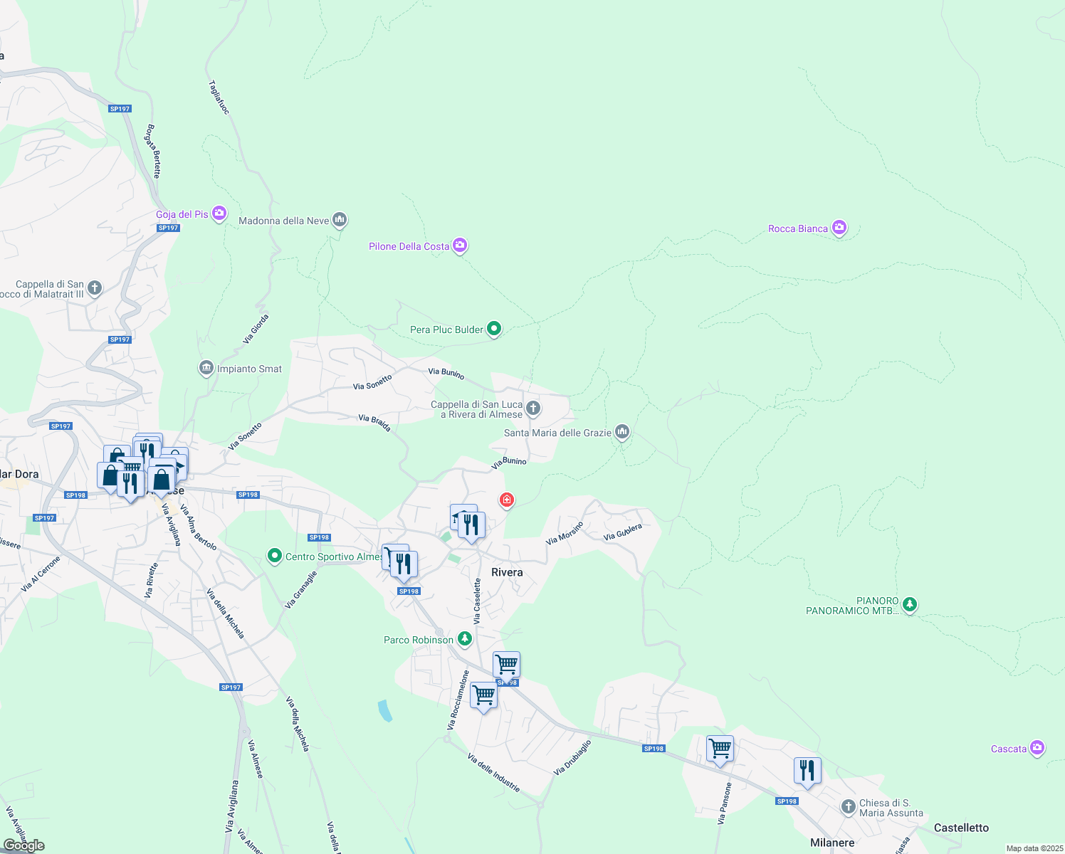 map of restaurants, bars, coffee shops, grocery stores, and more near 44 Via Bunino in Almese