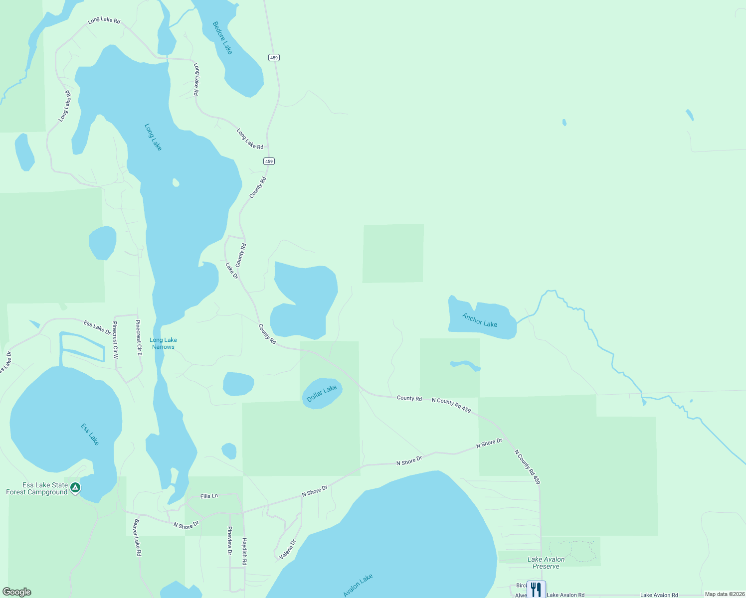 map of restaurants, bars, coffee shops, grocery stores, and more near 19480 Edgewater Drive in Hillman