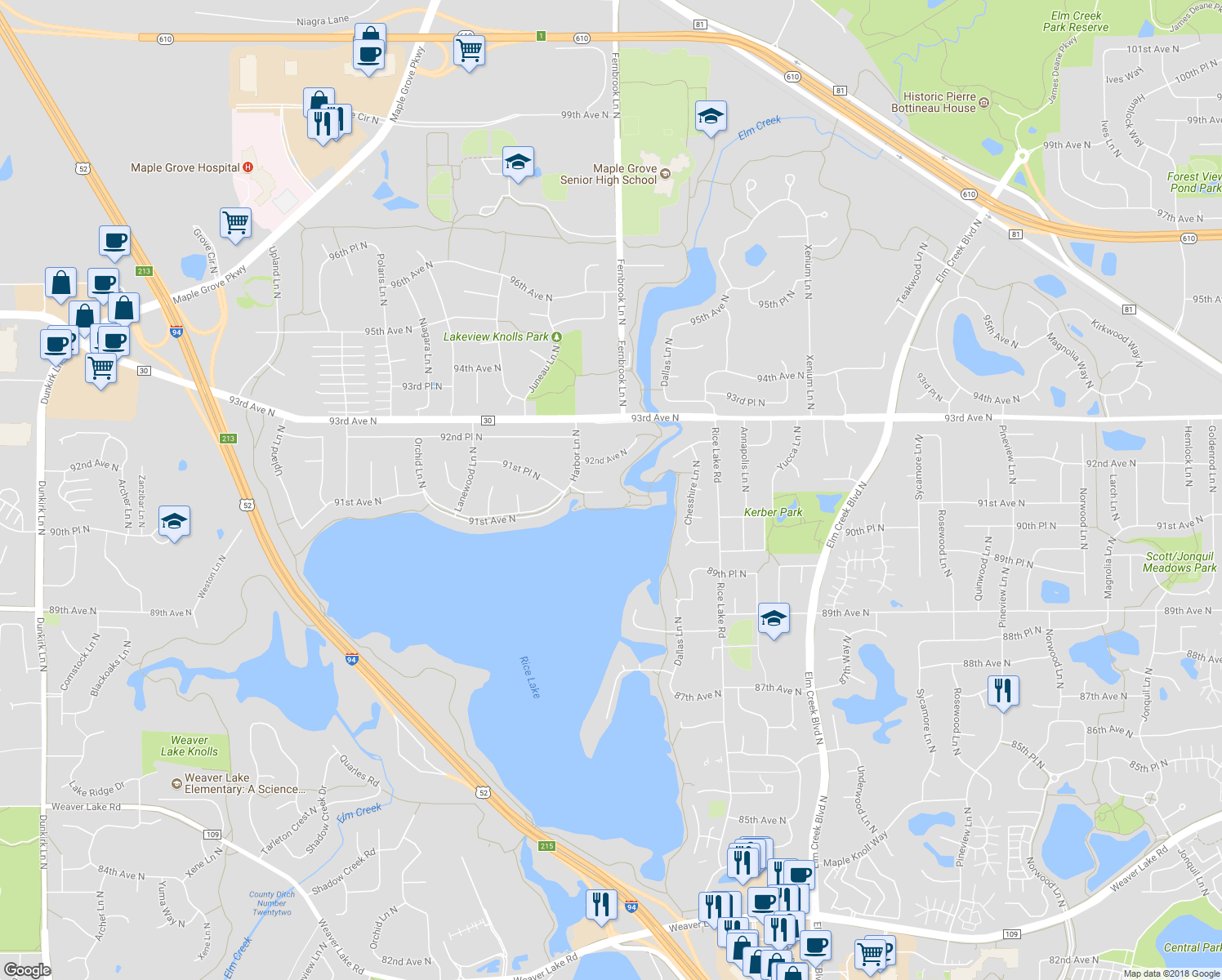 map of restaurants, bars, coffee shops, grocery stores, and more near 14302 91st Place North in Maple Grove