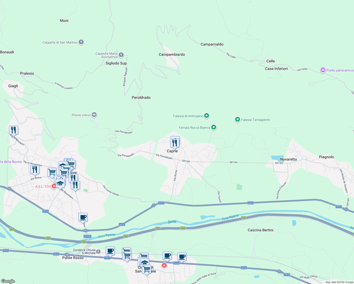 map of restaurants, bars, coffee shops, grocery stores, and more near 1 POZZE BELLE in Caprie