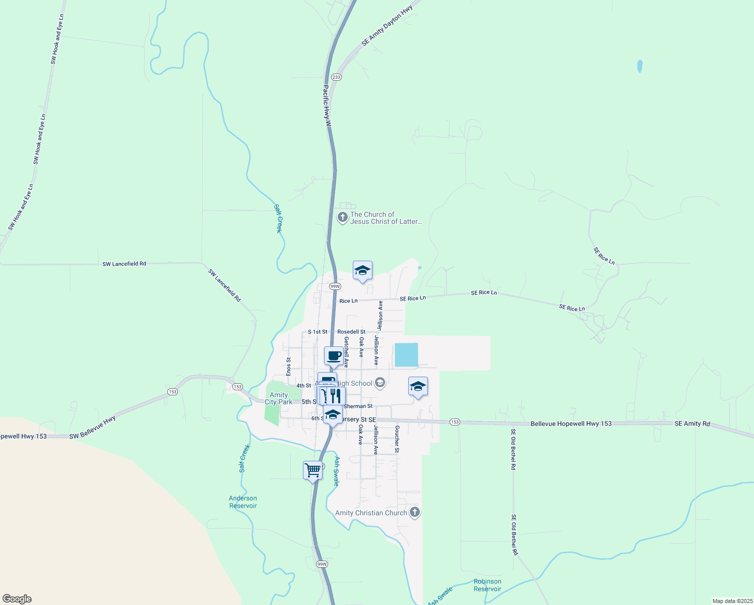 map of restaurants, bars, coffee shops, grocery stores, and more near 311 Rice Lane in Amity