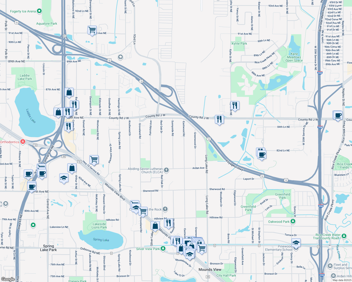 map of restaurants, bars, coffee shops, grocery stores, and more near 8395 Sunnyside Road in Mounds View