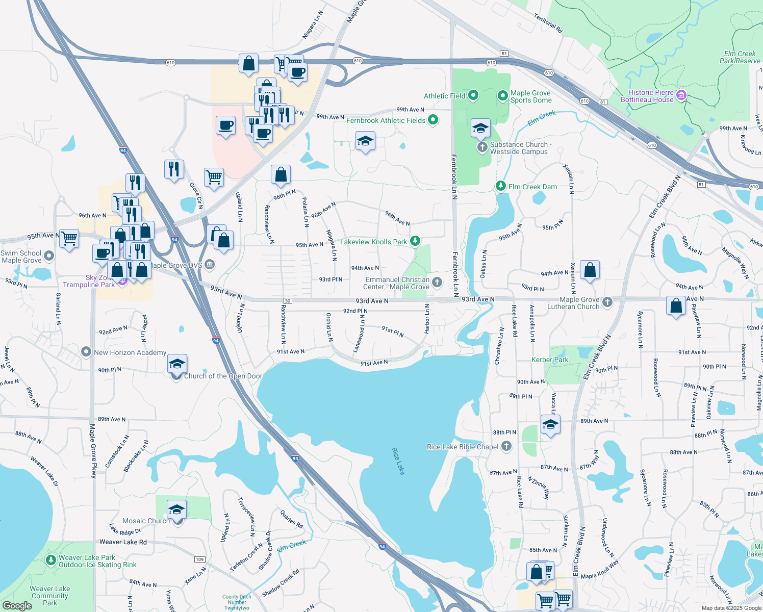 map of restaurants, bars, coffee shops, grocery stores, and more near 14804 92nd Place North in Maple Grove
