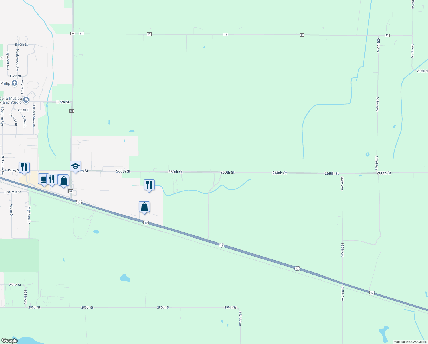 map of restaurants, bars, coffee shops, grocery stores, and more near 64057 260th St in Litchfield