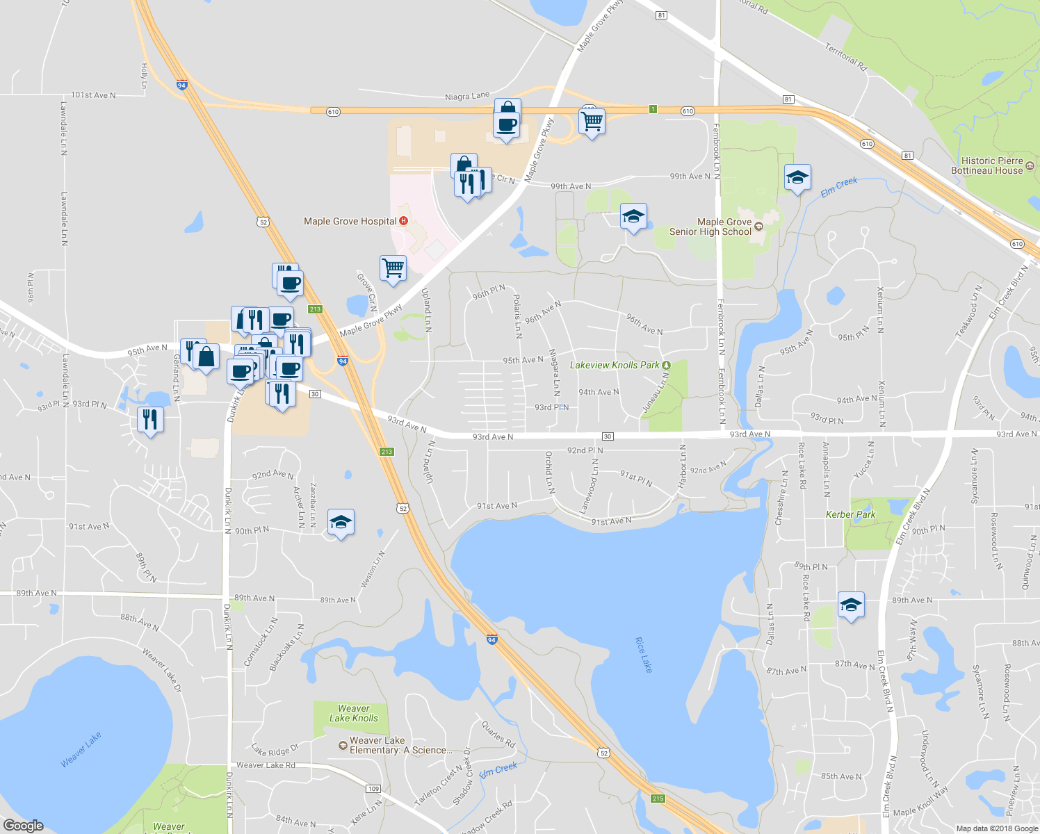map of restaurants, bars, coffee shops, grocery stores, and more near 9341 Polaris Lane North in Maple Grove