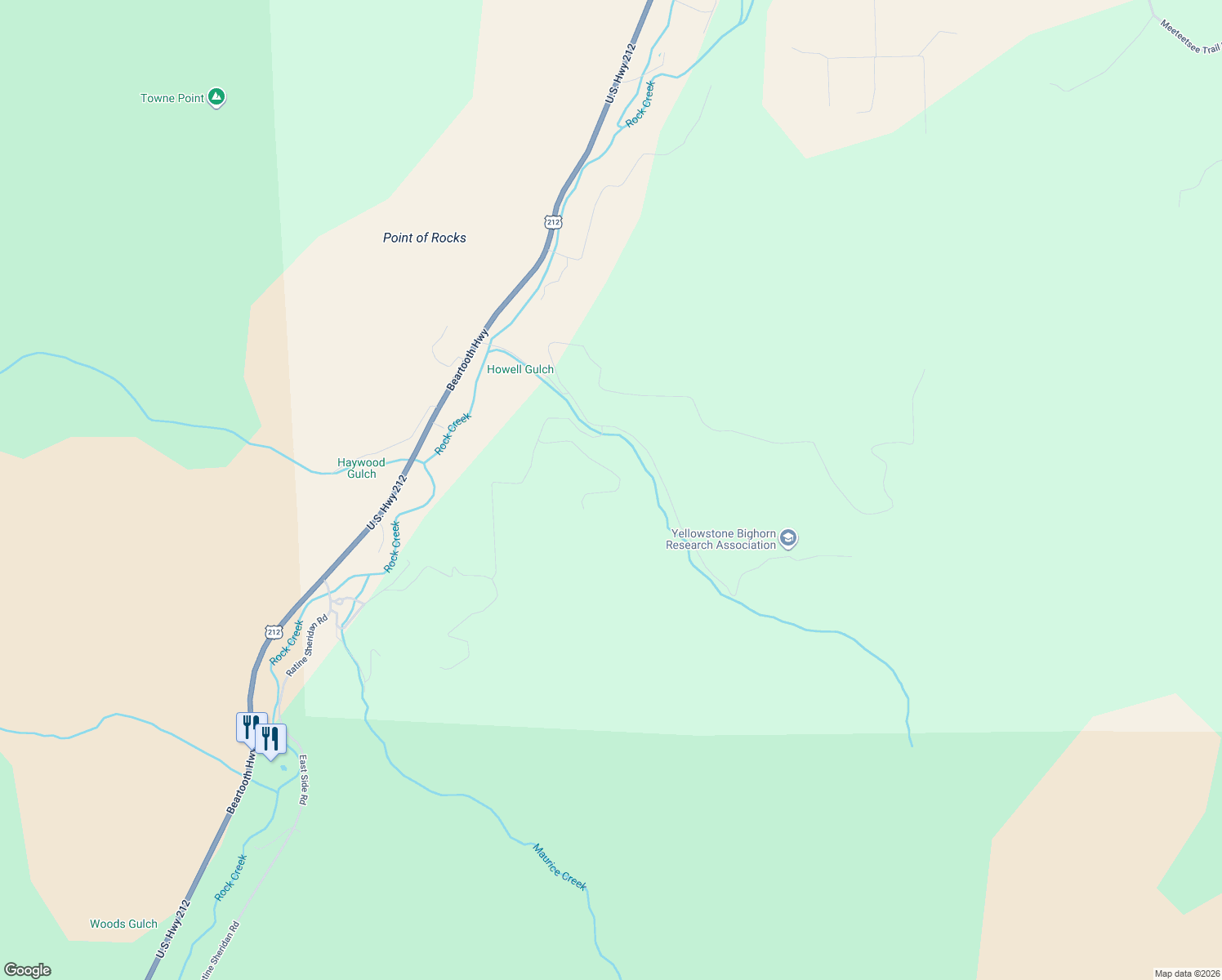 map of restaurants, bars, coffee shops, grocery stores, and more near 46 Beaver Dam Drive in Red Lodge