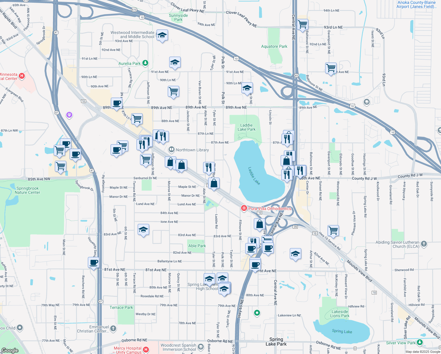 map of restaurants, bars, coffee shops, grocery stores, and more near 8512 Polk Street Northeast in Blaine
