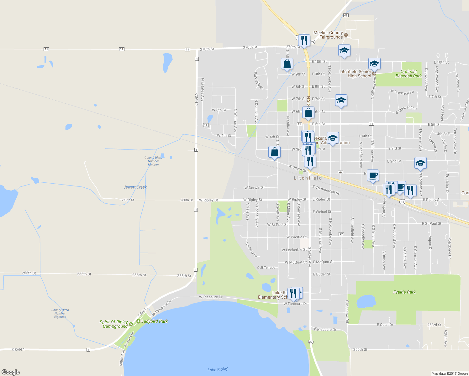map of restaurants, bars, coffee shops, grocery stores, and more near 613 West Darwin Street in Litchfield