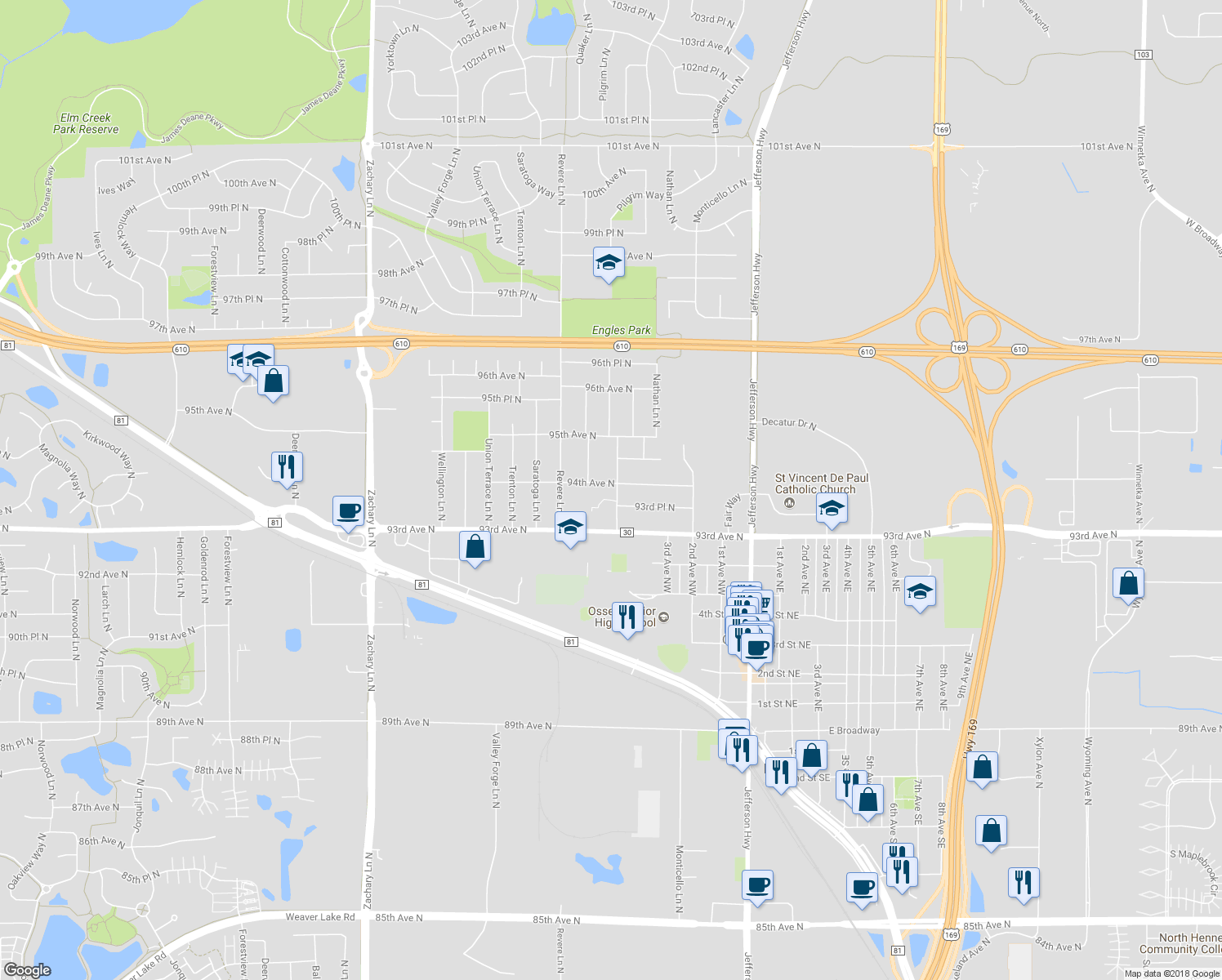map of restaurants, bars, coffee shops, grocery stores, and more near 10105 94th Avenue North in Maple Grove