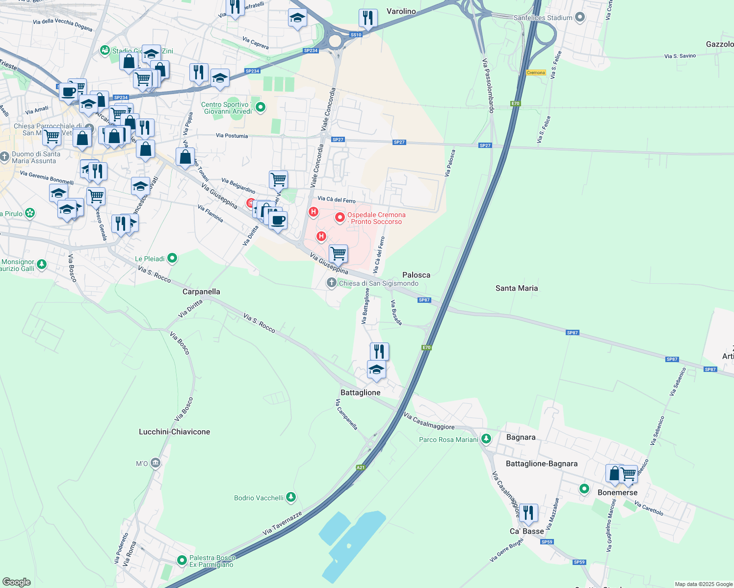 map of restaurants, bars, coffee shops, grocery stores, and more near 2 Via Cà del Ferro in Cremona