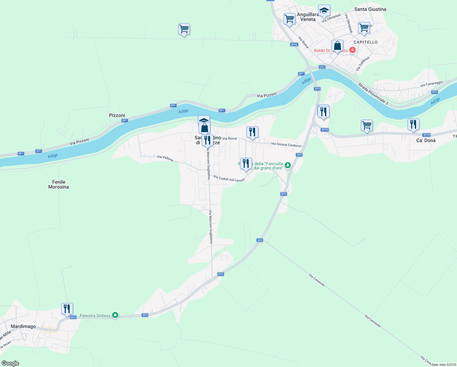 map of restaurants, bars, coffee shops, grocery stores, and more near 201C Via G. Verdi in San Martino di Venezze
