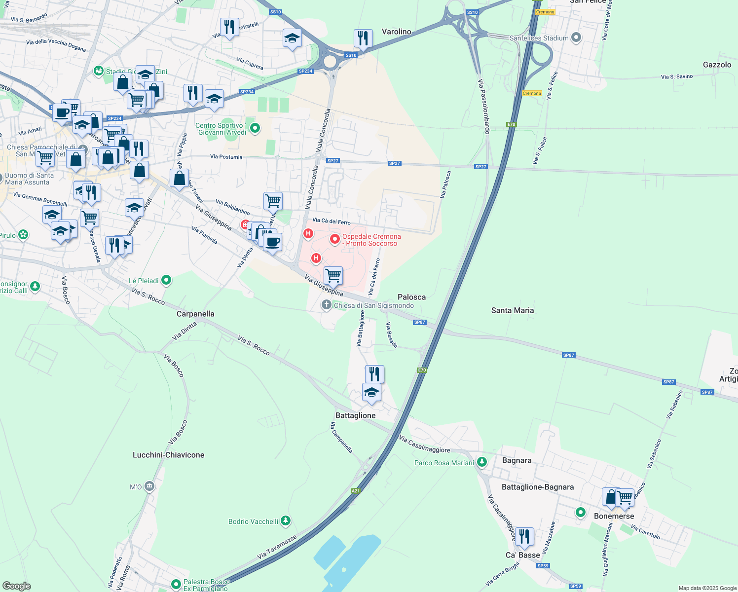 map of restaurants, bars, coffee shops, grocery stores, and more near 2 Via Cà del Ferro in Cremona