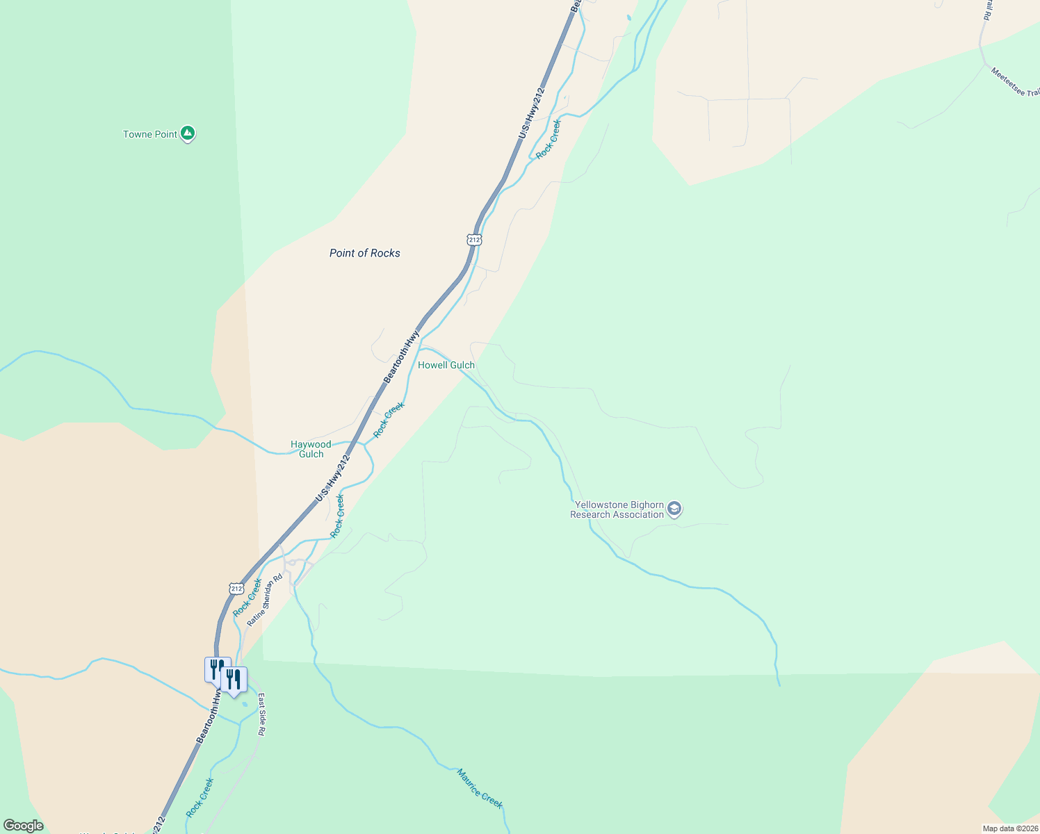 map of restaurants, bars, coffee shops, grocery stores, and more near 46 Beaver Dam Drive in Red Lodge