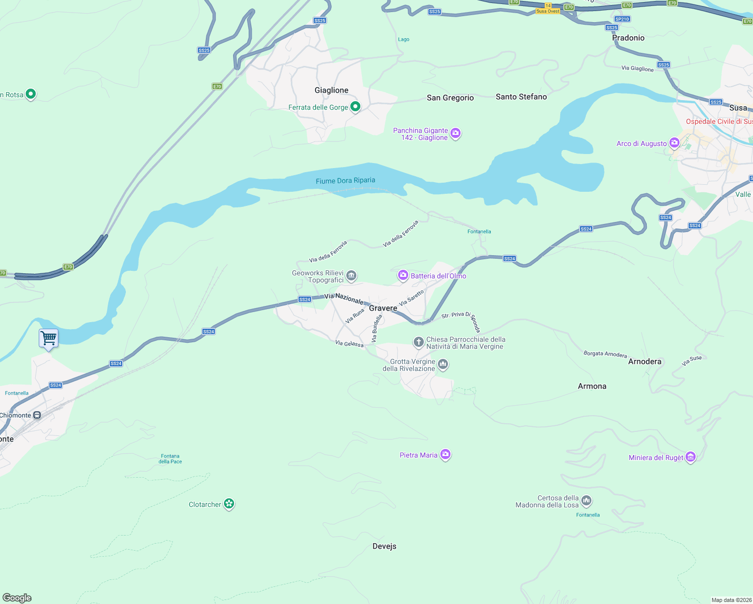 map of restaurants, bars, coffee shops, grocery stores, and more near 7 Via Comunale in Gravere