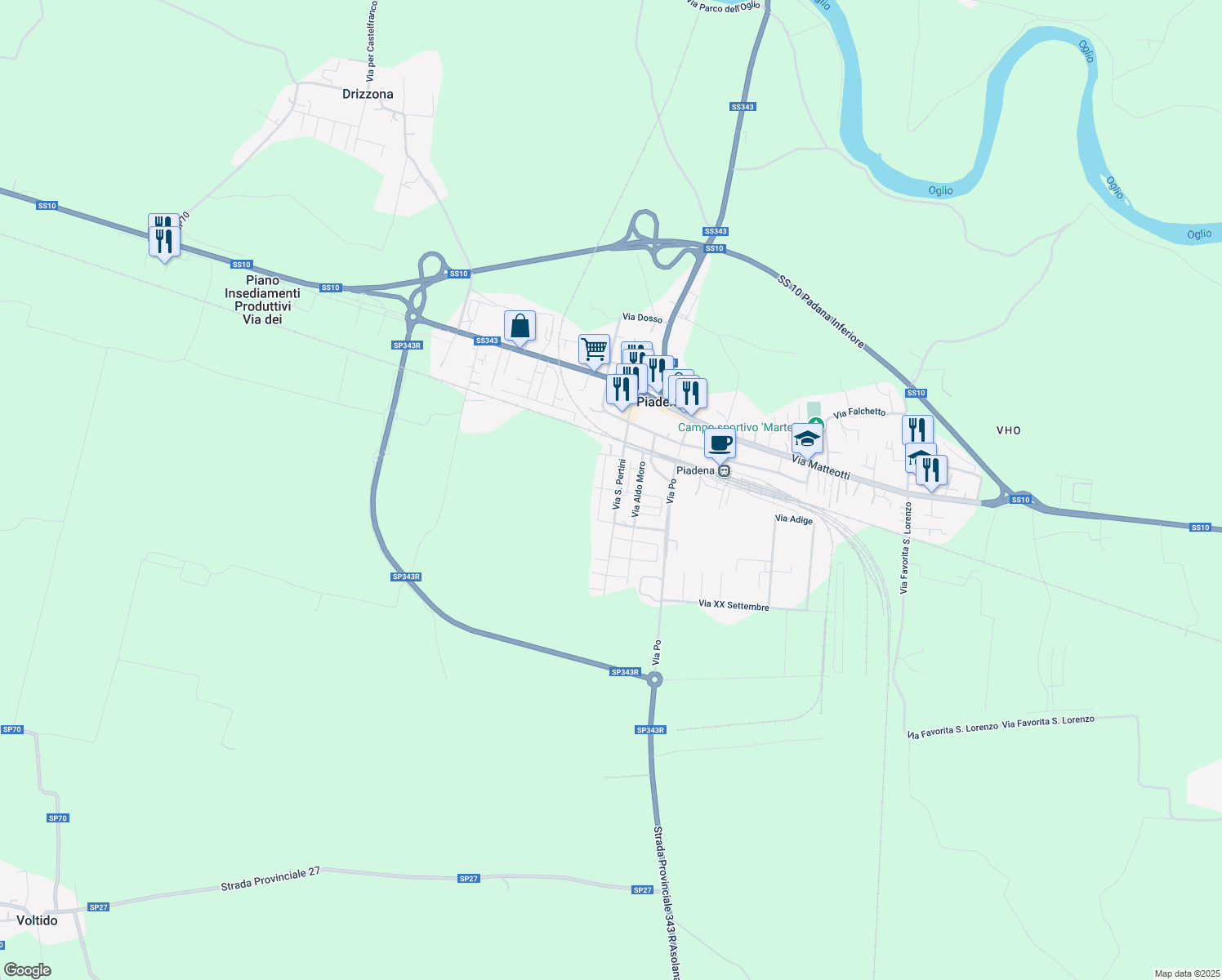 map of restaurants, bars, coffee shops, grocery stores, and more near 2 Via P. Borsellino in Piadena