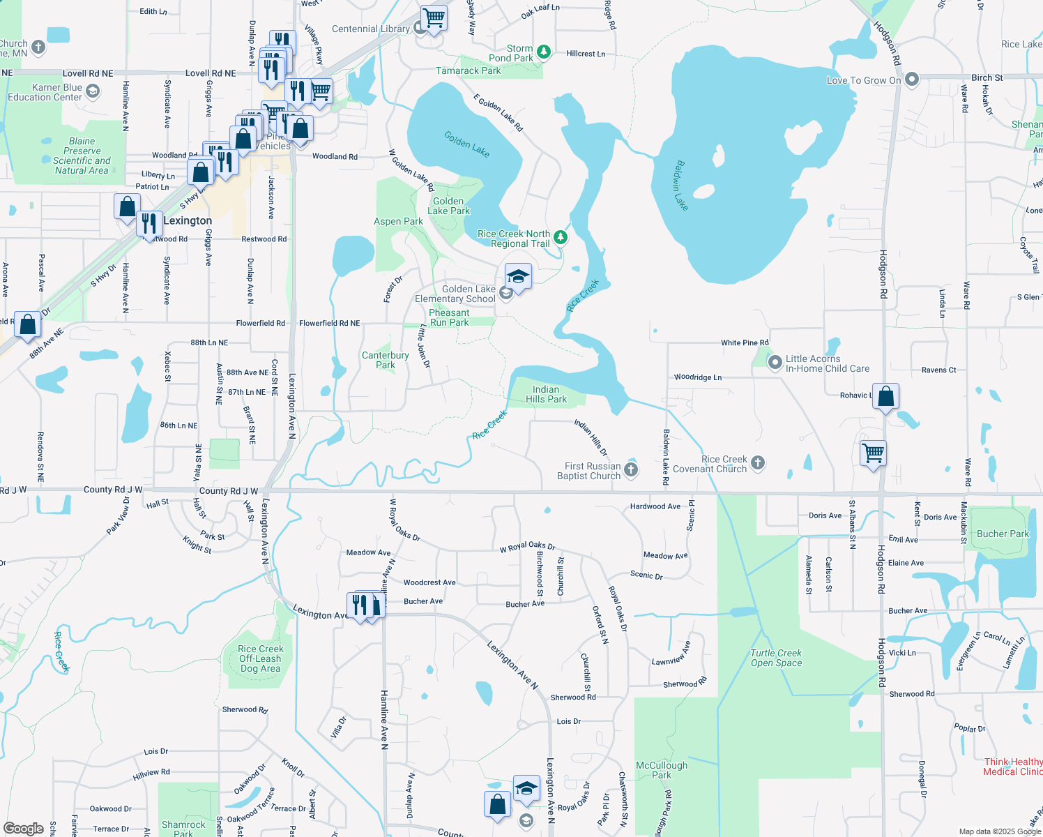 map of restaurants, bars, coffee shops, grocery stores, and more near 56 Indian Hills Drive in Circle Pines