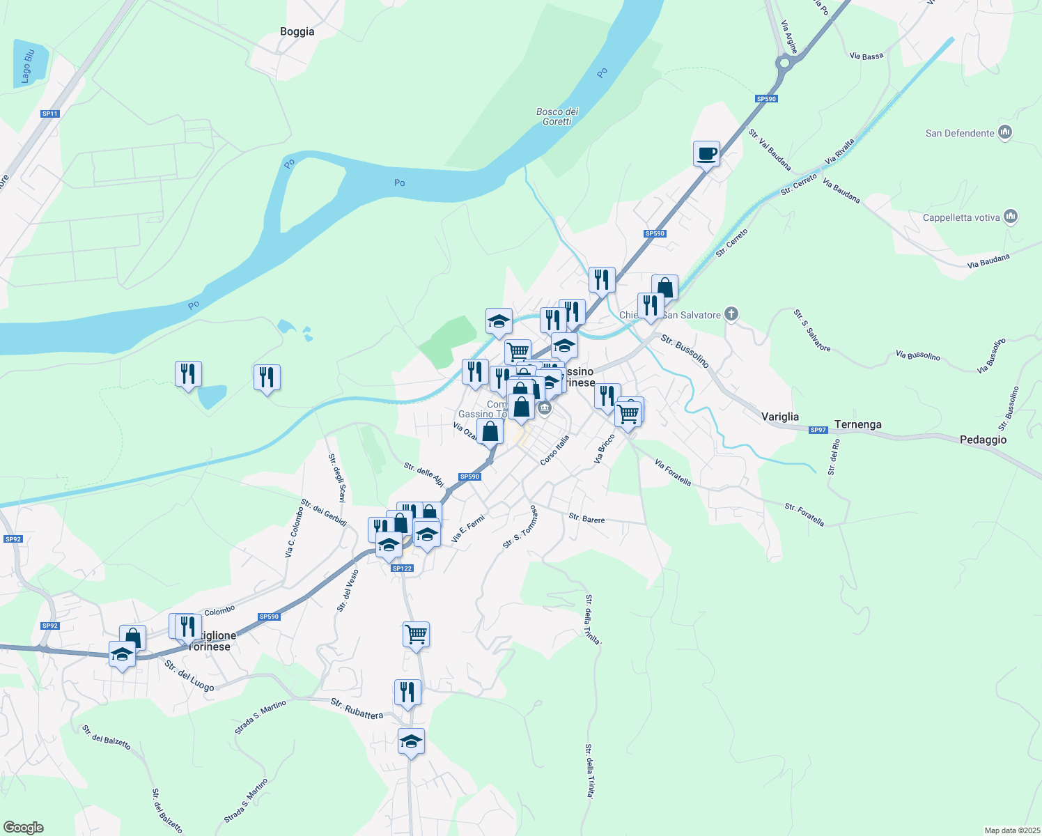 map of restaurants, bars, coffee shops, grocery stores, and more near 3A Vicolo Scalafiotti in Gassino Torinese
