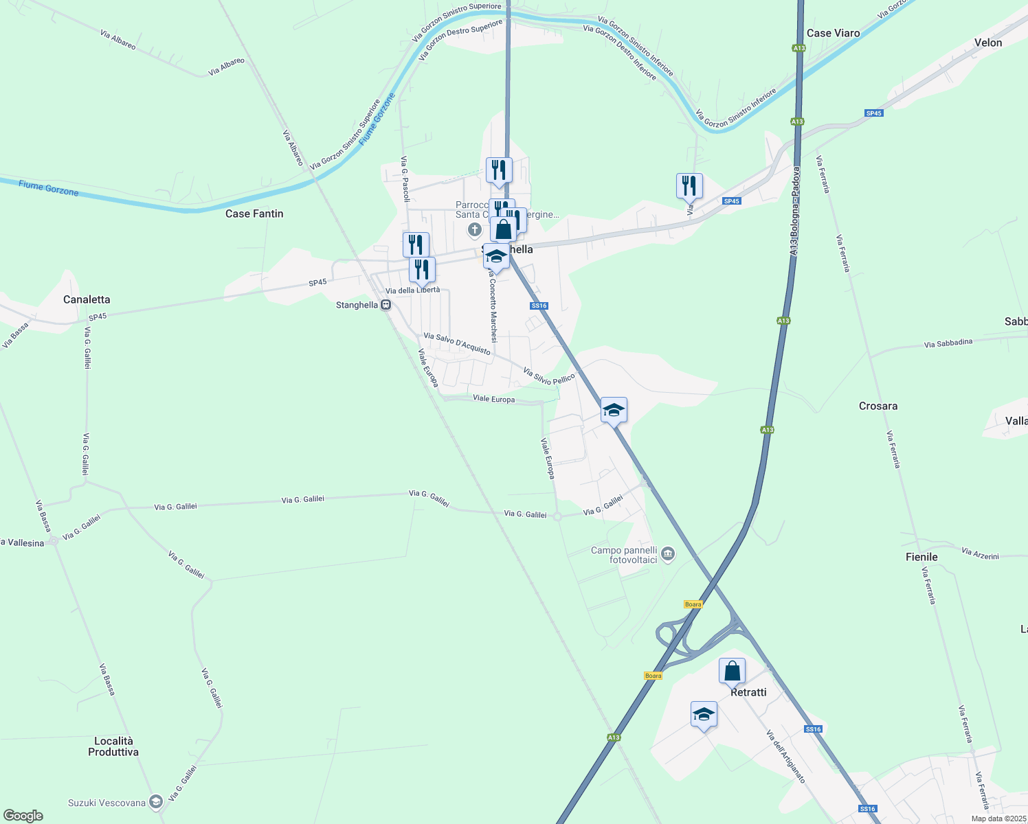 map of restaurants, bars, coffee shops, grocery stores, and more near 13 Viale Europa in Provincia di Padova