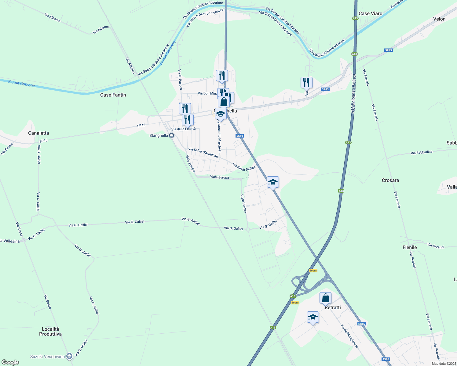 map of restaurants, bars, coffee shops, grocery stores, and more near 13 Viale Europa in Provincia di Padova