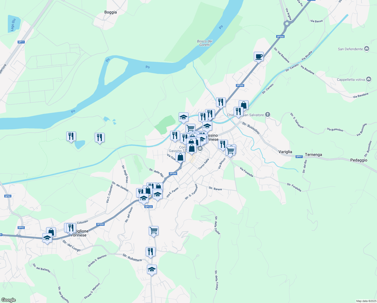 map of restaurants, bars, coffee shops, grocery stores, and more near 3A Vicolo Scalafiotti in Gassino Torinese