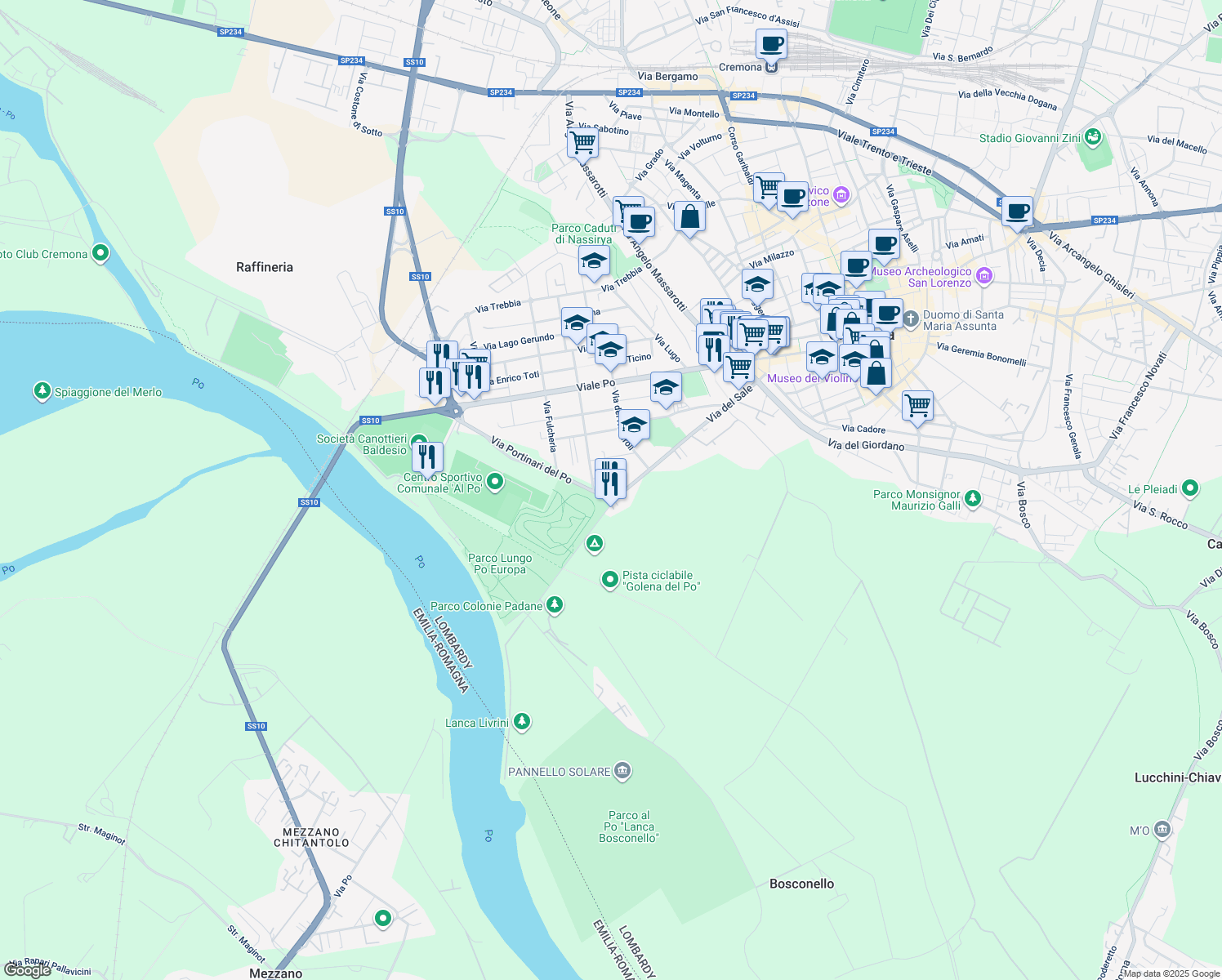 map of restaurants, bars, coffee shops, grocery stores, and more near Via Portinari del Po in Cremona