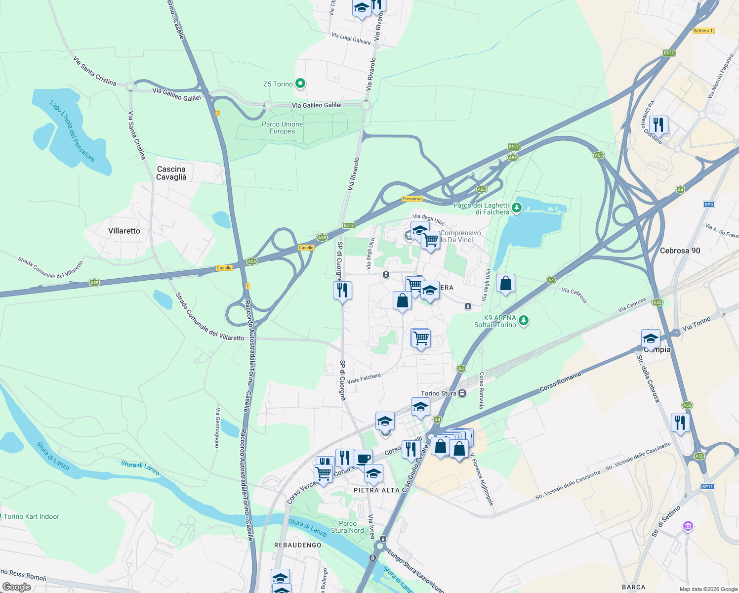 map of restaurants, bars, coffee shops, grocery stores, and more near 6 Via dei Tigli in Torino