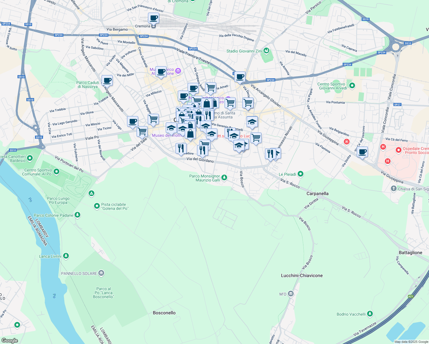 map of restaurants, bars, coffee shops, grocery stores, and more near 10 Via Gorizia in Cremona