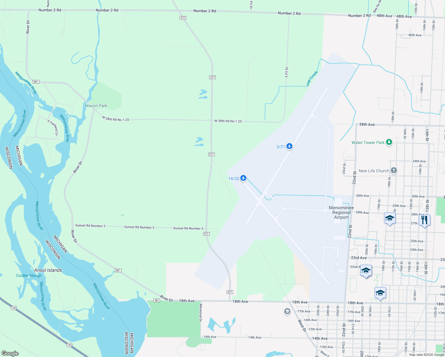 map of restaurants, bars, coffee shops, grocery stores, and more near West Dr South in Menominee