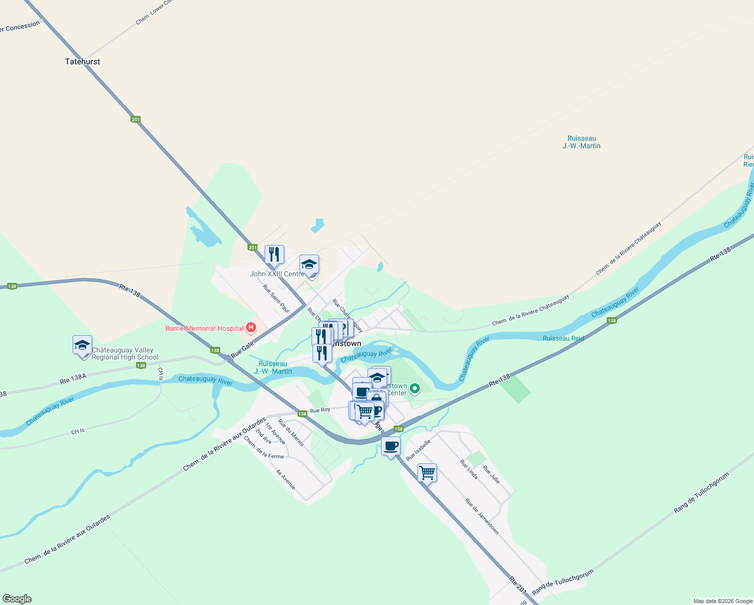 map of restaurants, bars, coffee shops, grocery stores, and more near 9 Rue Argyle in Le Haut-Saint-Laurent Regional County Municipality