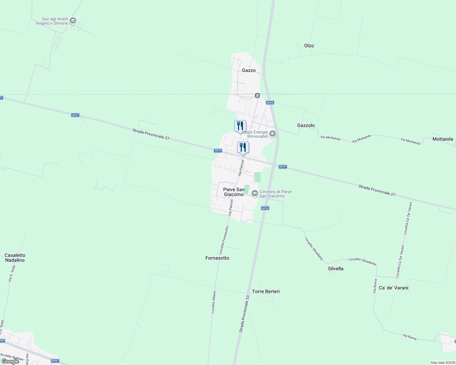 map of restaurants, bars, coffee shops, grocery stores, and more near 46 Via Patrioti in Pieve San Giacomo