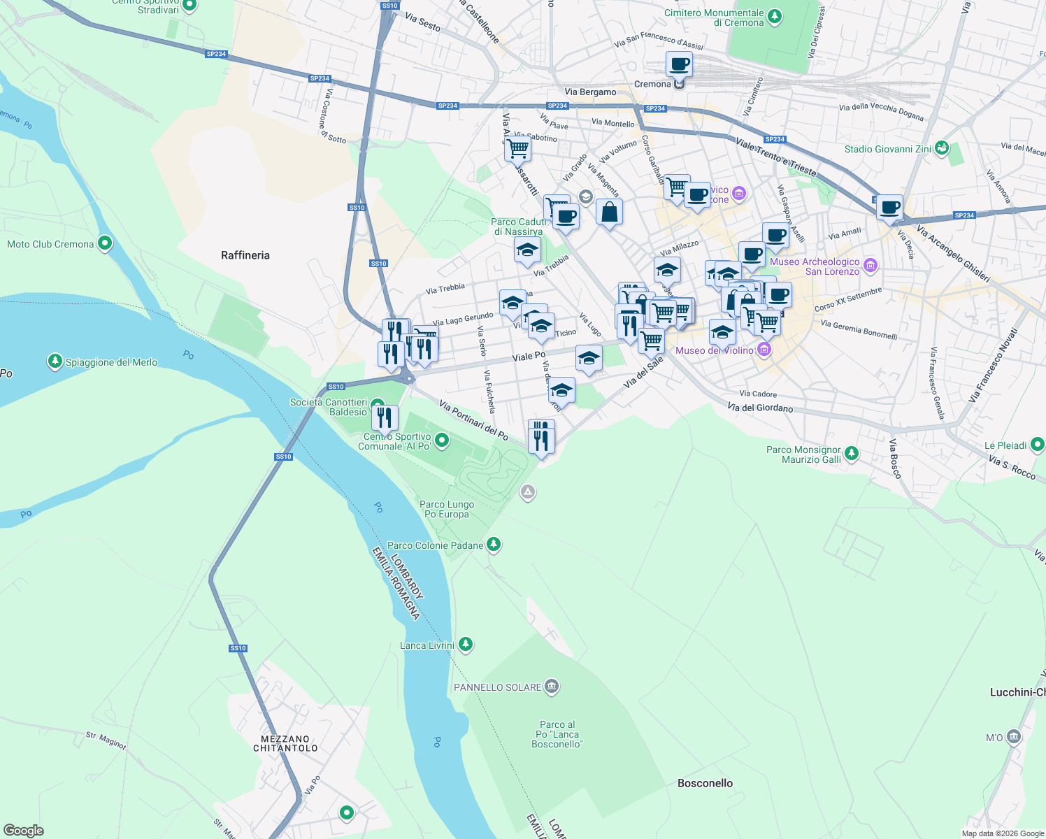map of restaurants, bars, coffee shops, grocery stores, and more near 10 Via Vittori Carlo in Cremona