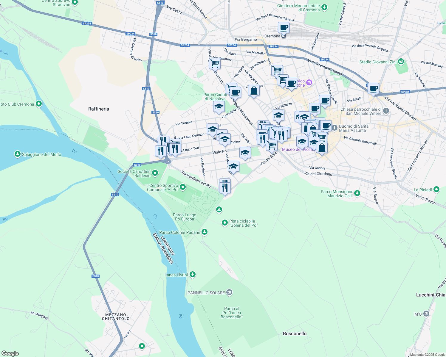 map of restaurants, bars, coffee shops, grocery stores, and more near 2 Via Mario Biazzi in Cremona