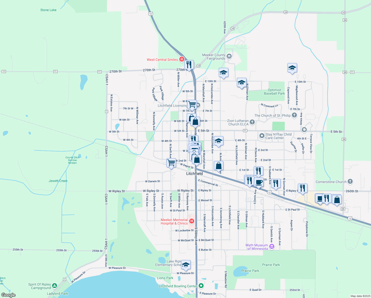 map of restaurants, bars, coffee shops, grocery stores, and more near 301 North Ramsey Avenue in Litchfield