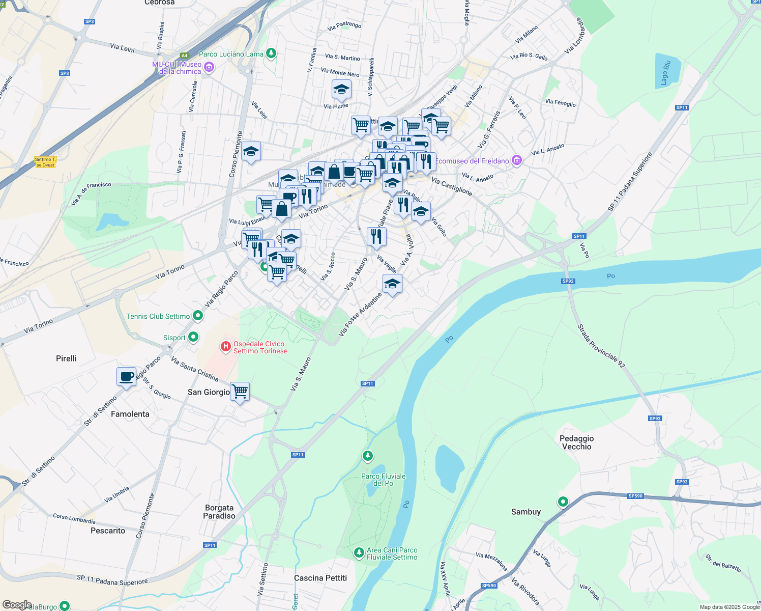 map of restaurants, bars, coffee shops, grocery stores, and more near 13 Via Marzabotto in Settimo Torinese