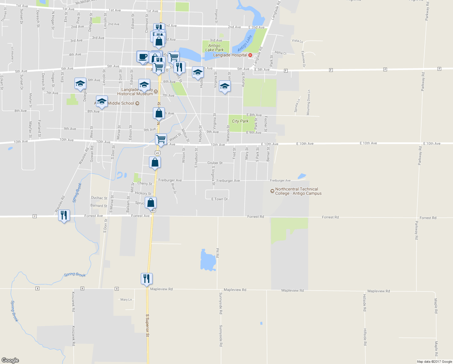 map of restaurants, bars, coffee shops, grocery stores, and more near 235 Freiburger Avenue in Antigo