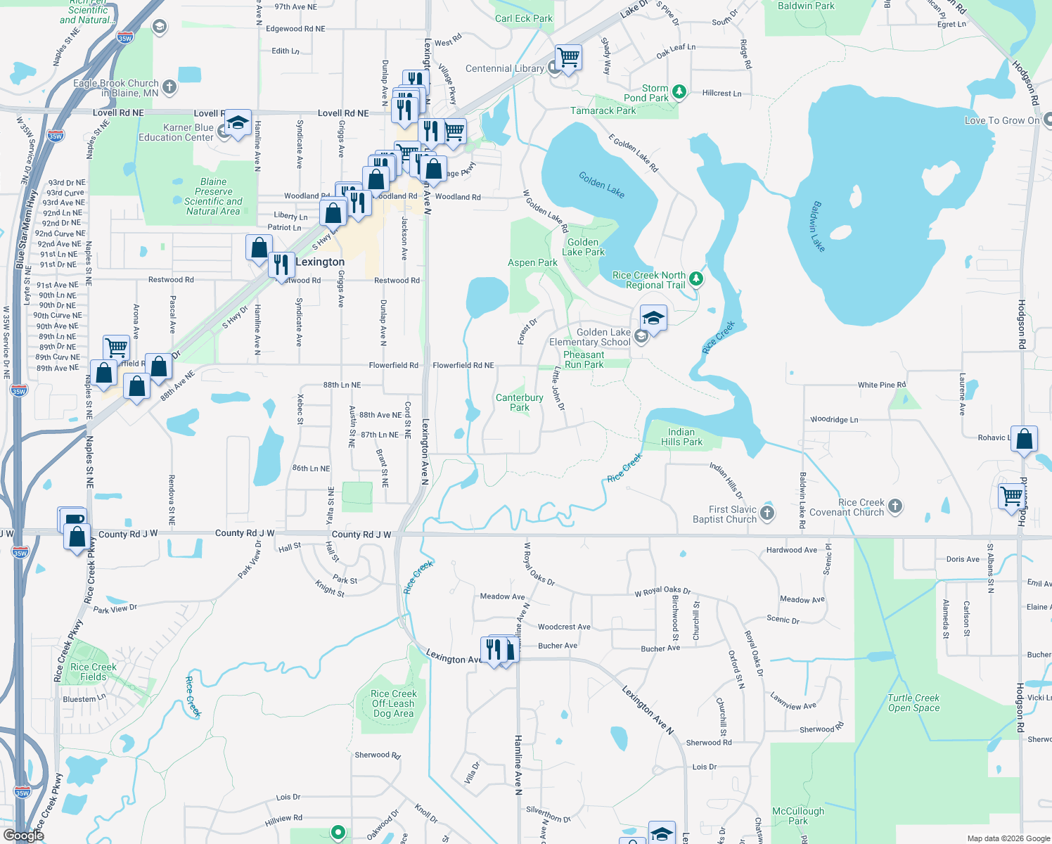 map of restaurants, bars, coffee shops, grocery stores, and more near 208 Marion Court in Circle Pines