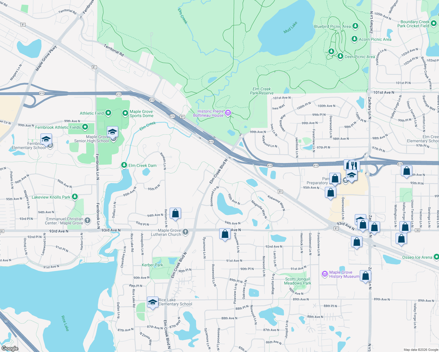 map of restaurants, bars, coffee shops, grocery stores, and more near 9601 Rosewood Ln N in Maple Grove