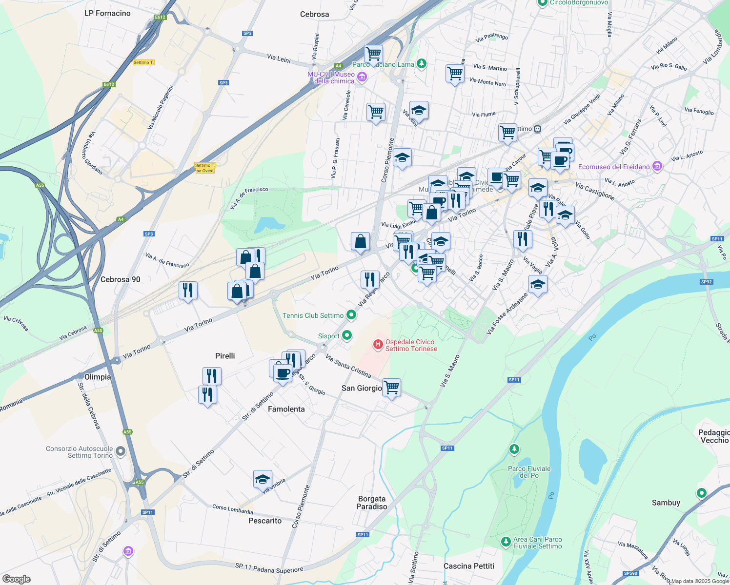 map of restaurants, bars, coffee shops, grocery stores, and more near 23 Corso IV Novembre in Settimo Torinese