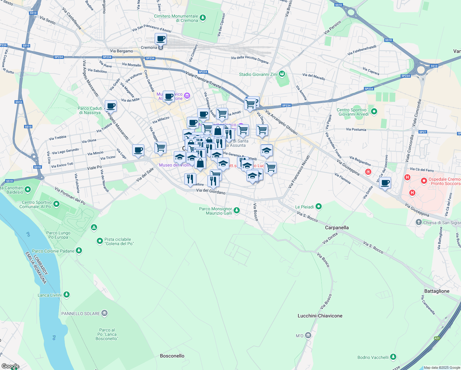 map of restaurants, bars, coffee shops, grocery stores, and more near 10 Via Gorizia in Cremona