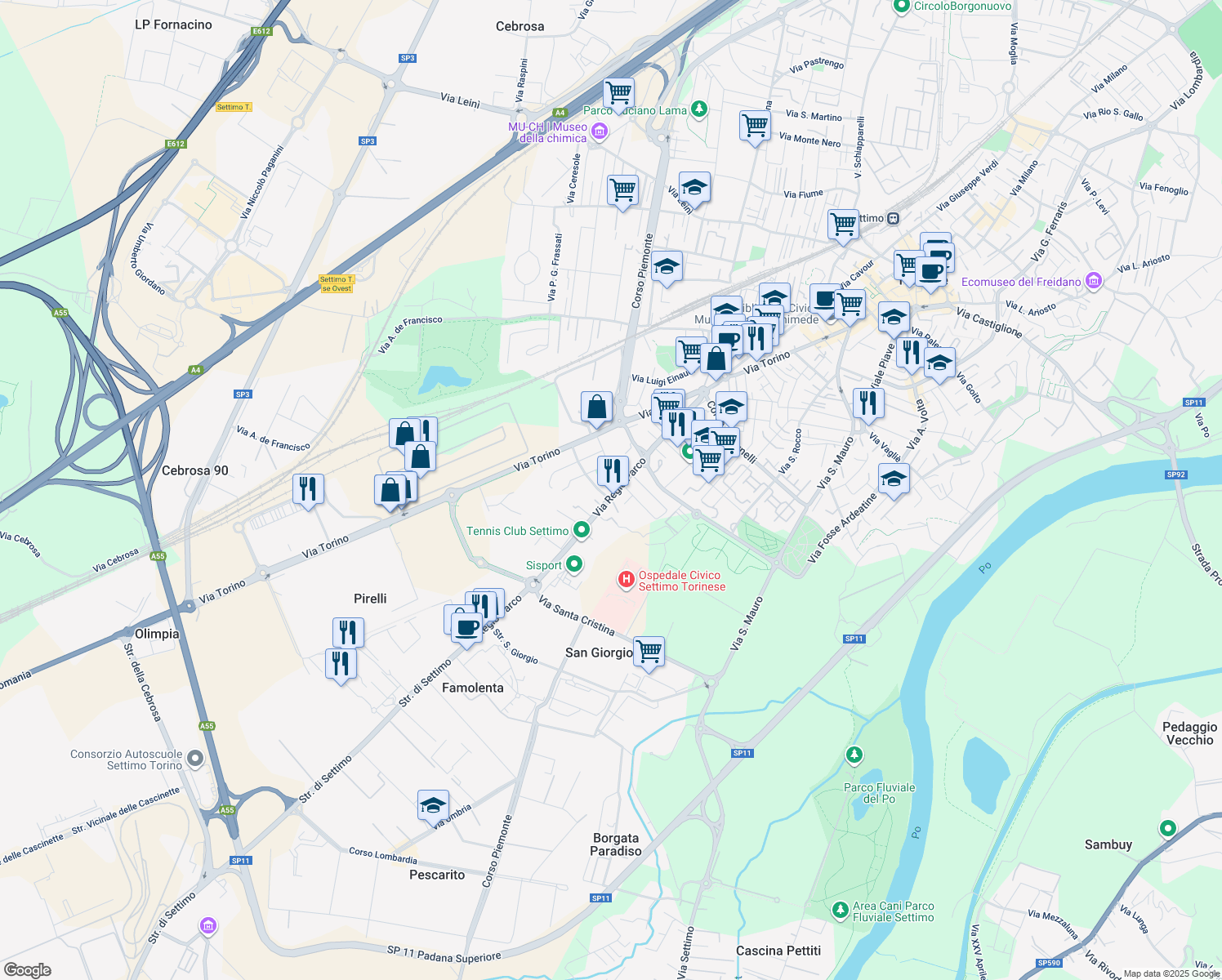 map of restaurants, bars, coffee shops, grocery stores, and more near 23 Corso IV Novembre in Settimo Torinese
