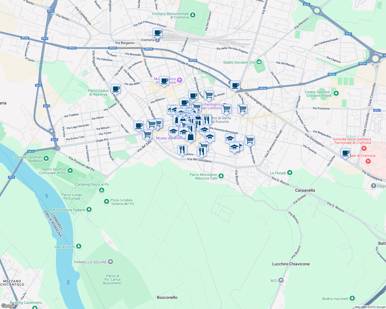 map of restaurants, bars, coffee shops, grocery stores, and more near 13 Via Altobello Melone in Cremona