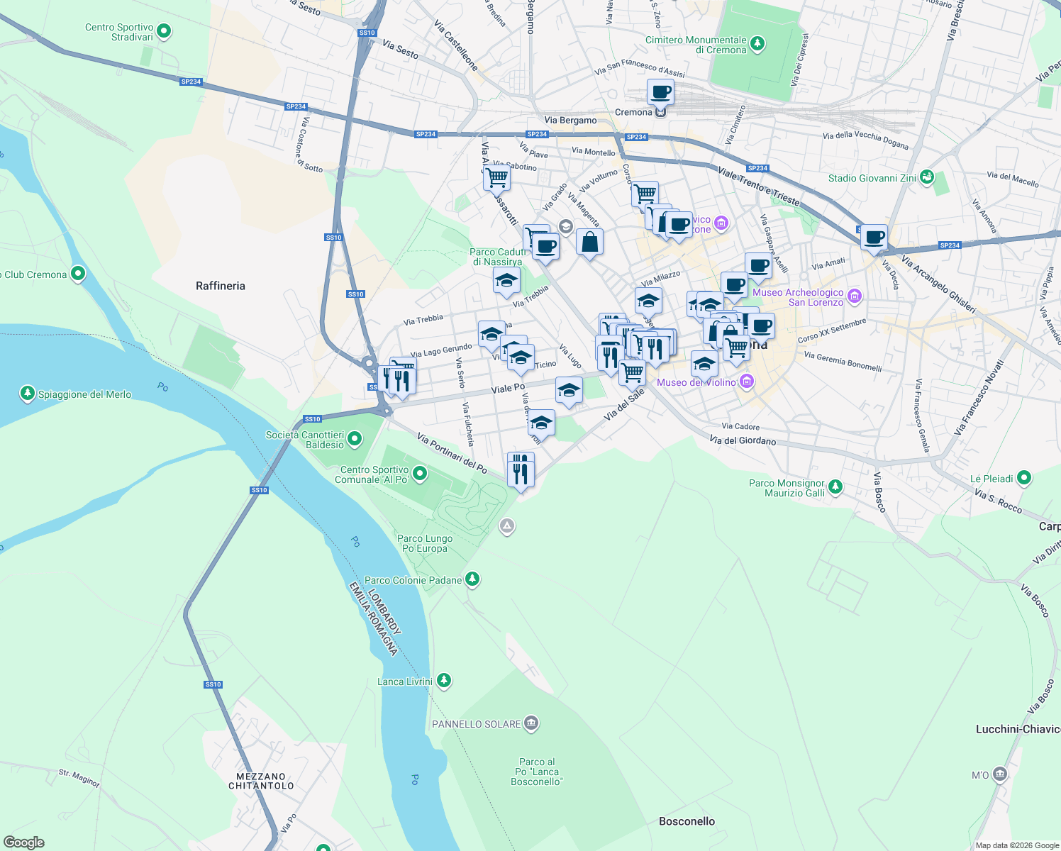 map of restaurants, bars, coffee shops, grocery stores, and more near 2-4 Via degli Arenili in Cremona