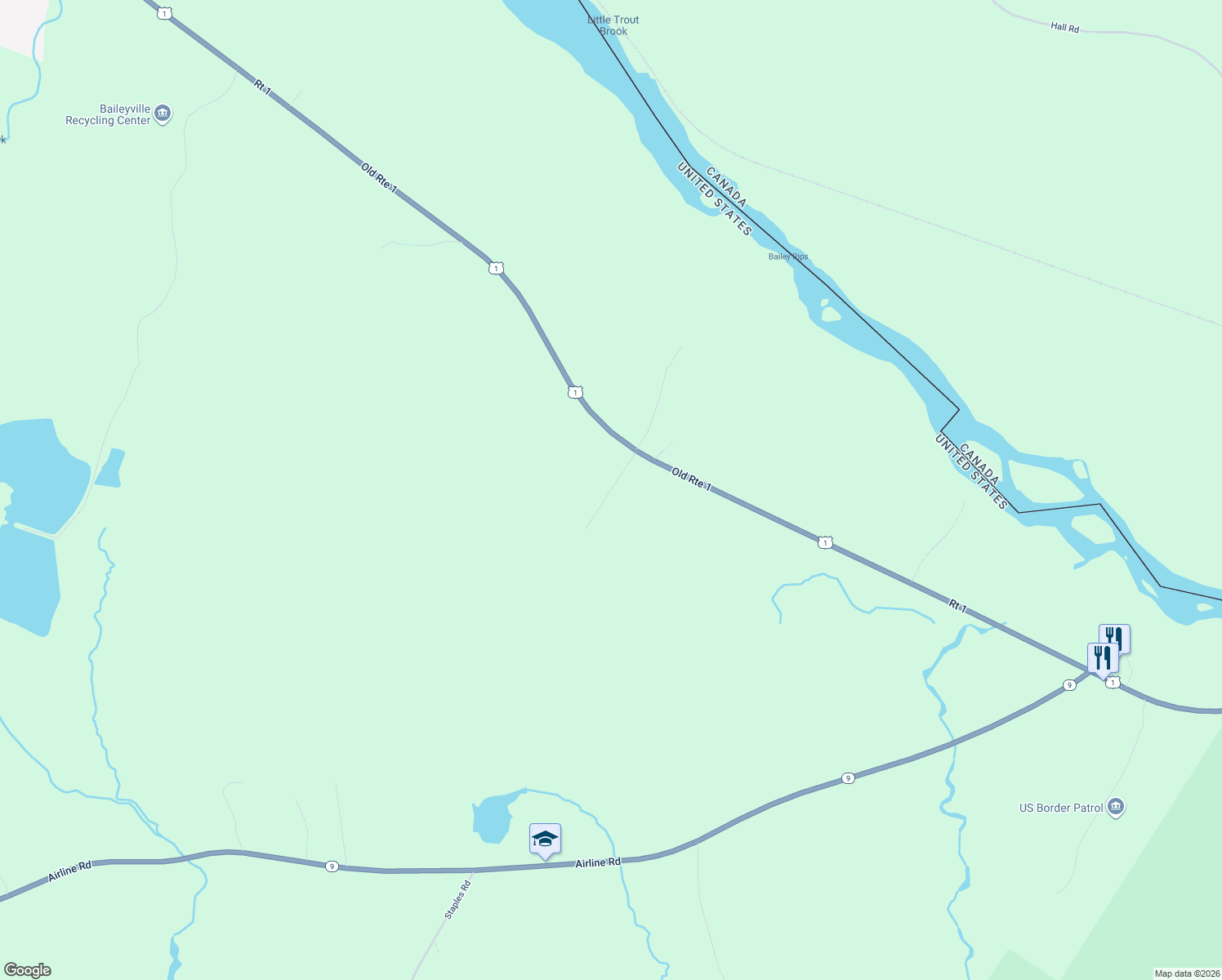 map of restaurants, bars, coffee shops, grocery stores, and more near 6 Foley Road in Baileyville