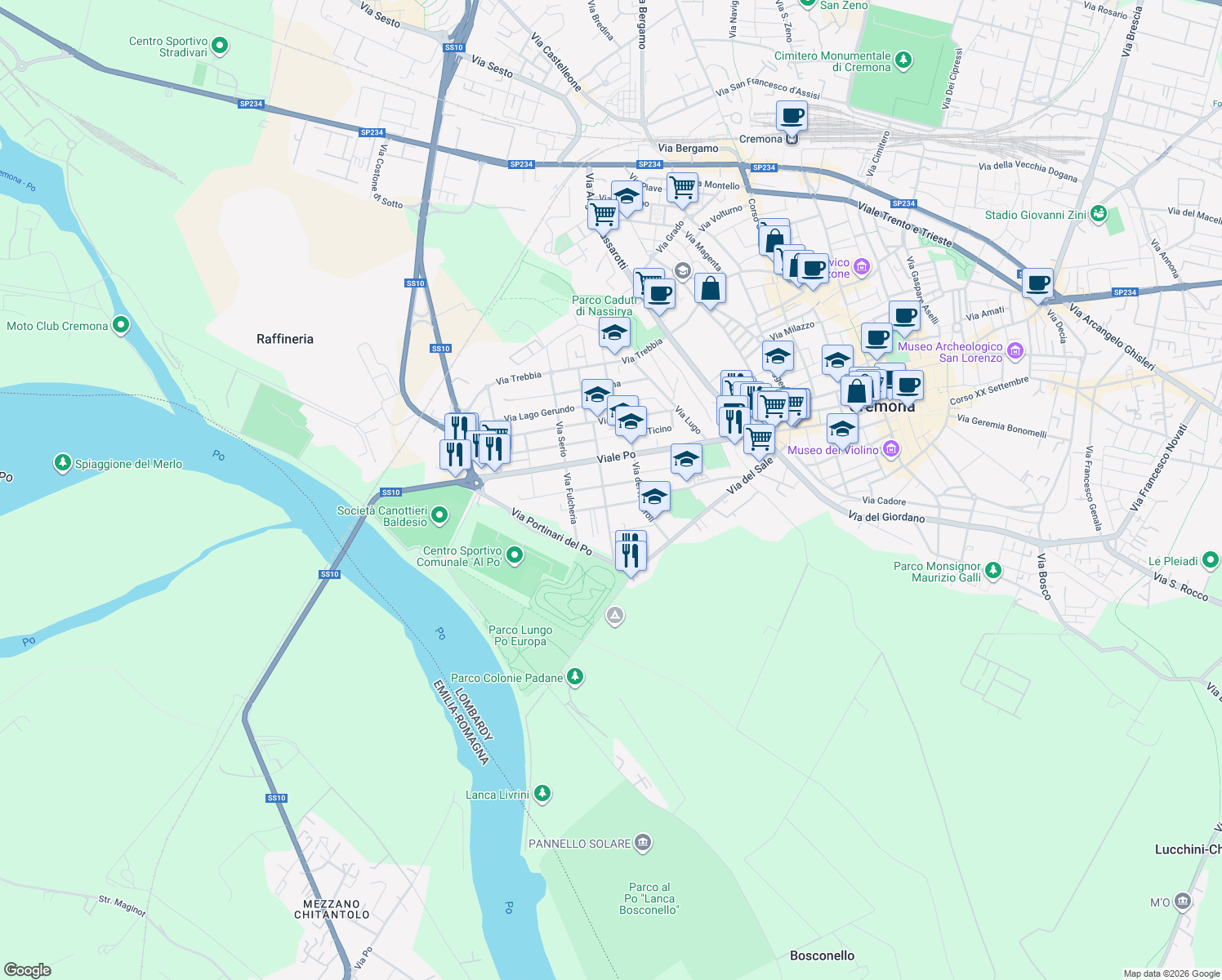map of restaurants, bars, coffee shops, grocery stores, and more near 4 Via degli Arenili in Cremona