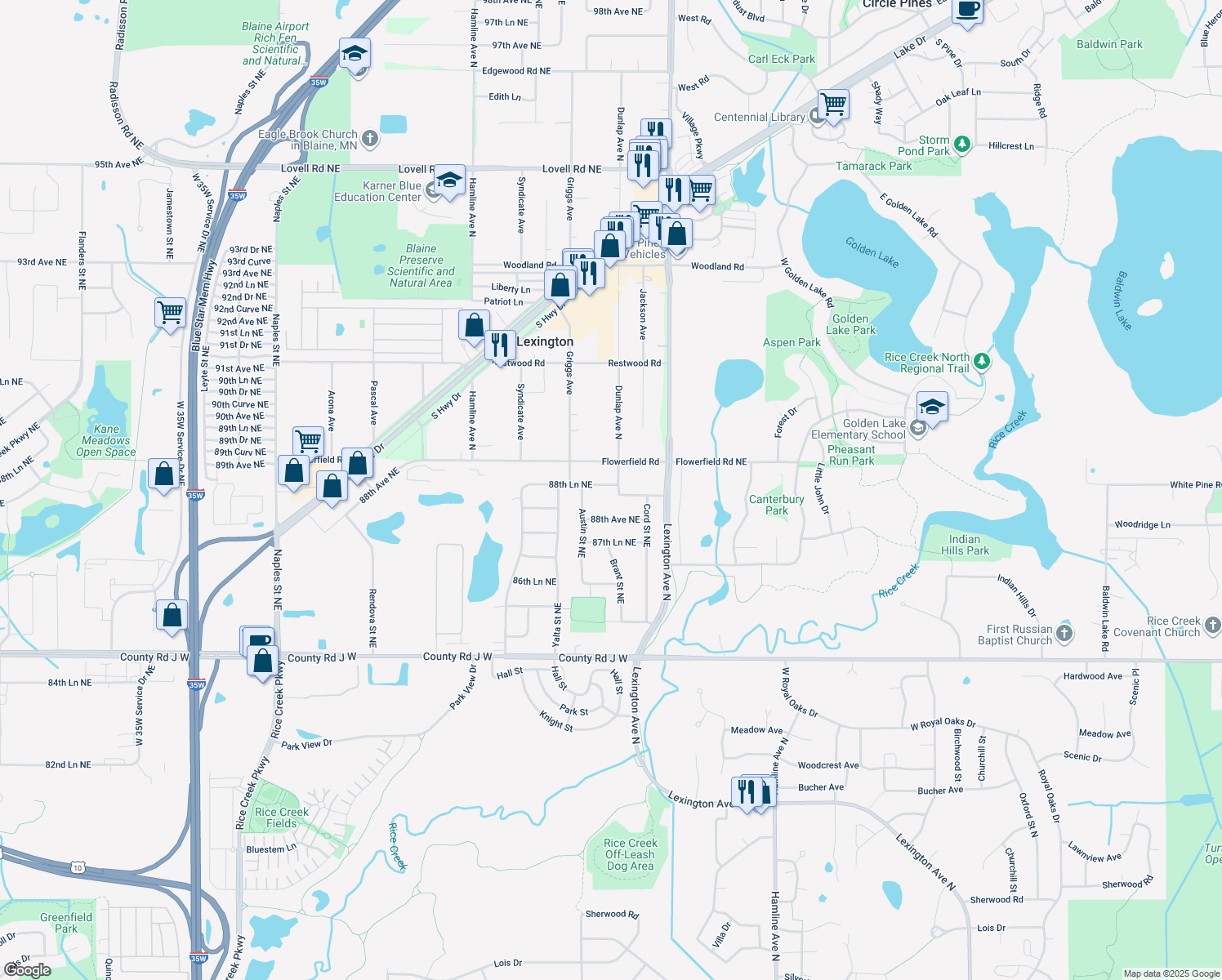 map of restaurants, bars, coffee shops, grocery stores, and more near 8854 Brant Street Northeast in Circle Pines
