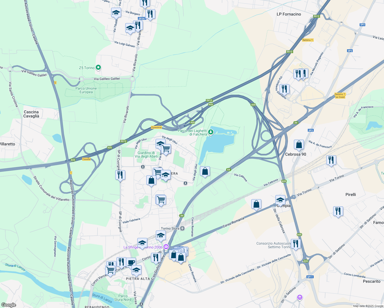 map of restaurants, bars, coffee shops, grocery stores, and more near 37 Via degli Ulivi in Torino