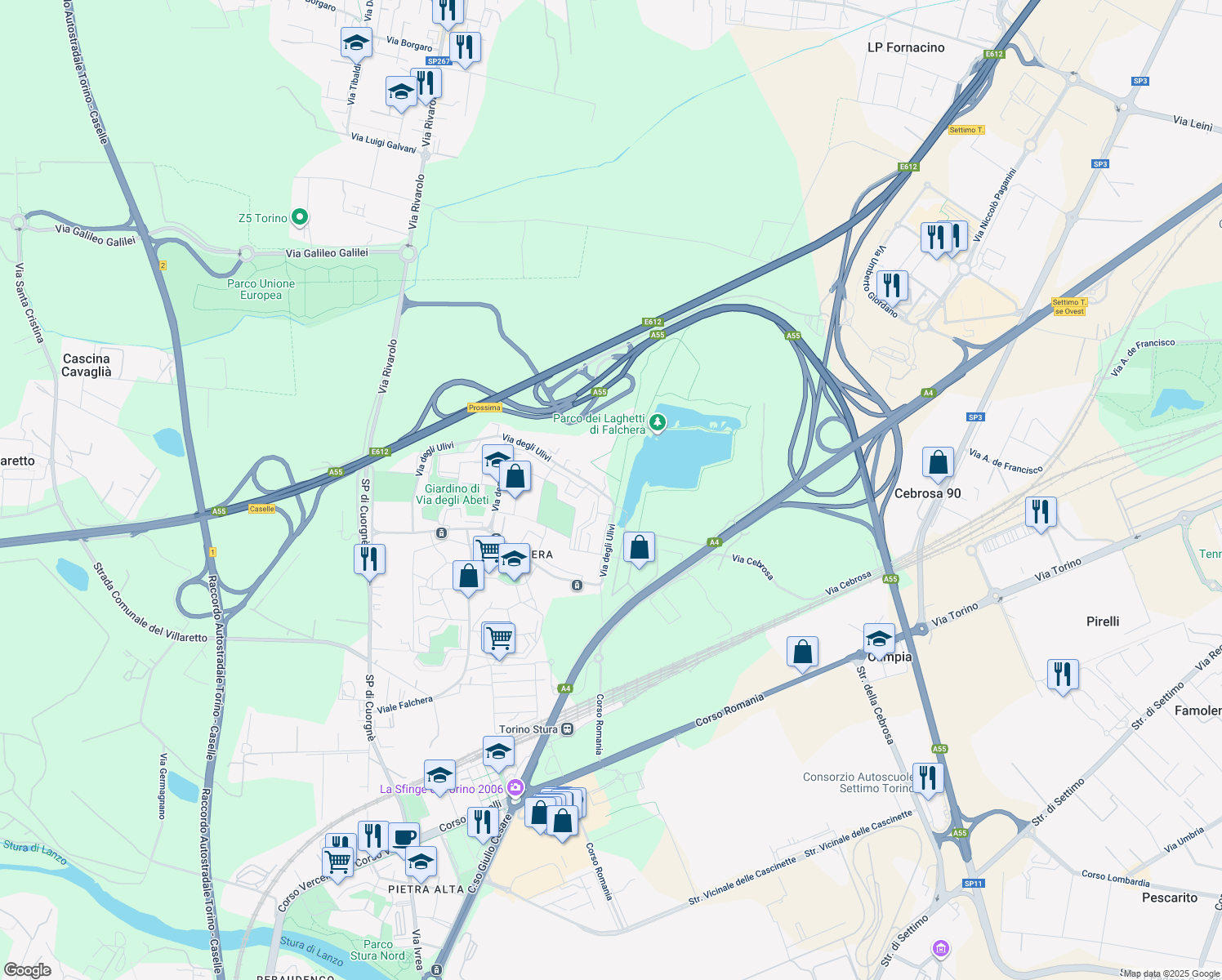 map of restaurants, bars, coffee shops, grocery stores, and more near 33-37 Via degli Ulivi in Torino