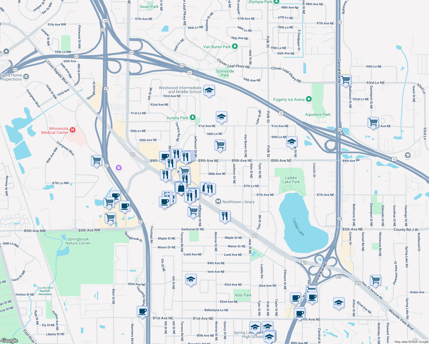 map of restaurants, bars, coffee shops, grocery stores, and more near 8800 Monroe St NE in Blaine
